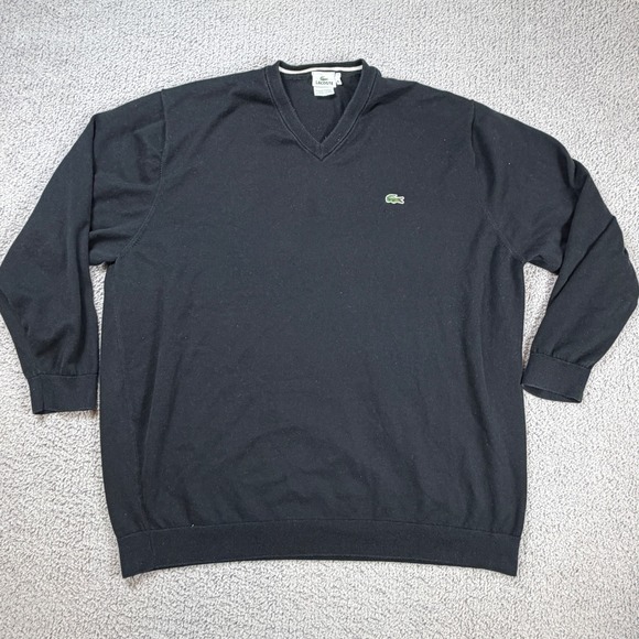 Lacoste Black V Neck Sweater Mens 10L 3XL Cotton Classic Crocodile Logo Preppy